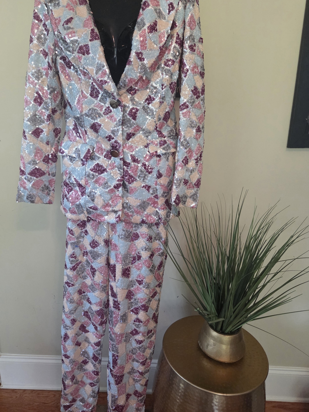 Sequin Patchwork Blazer & Trousers Pantsuit - Pink, Silver & Cream